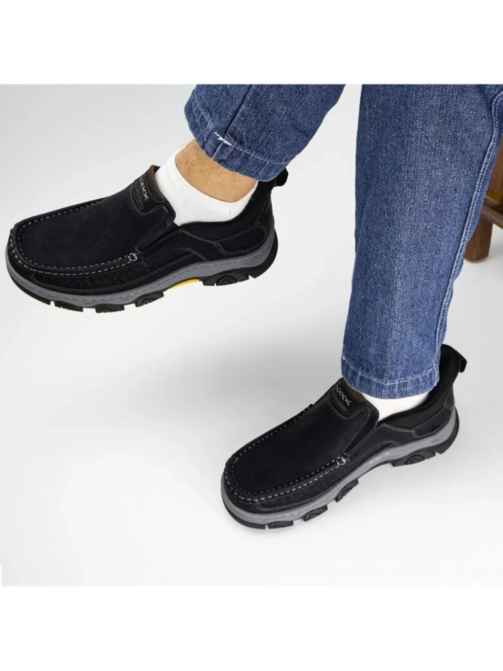 UPIShi Men's Black Leather Slip On Loafers Lightweight Cushioning Walking Shoes